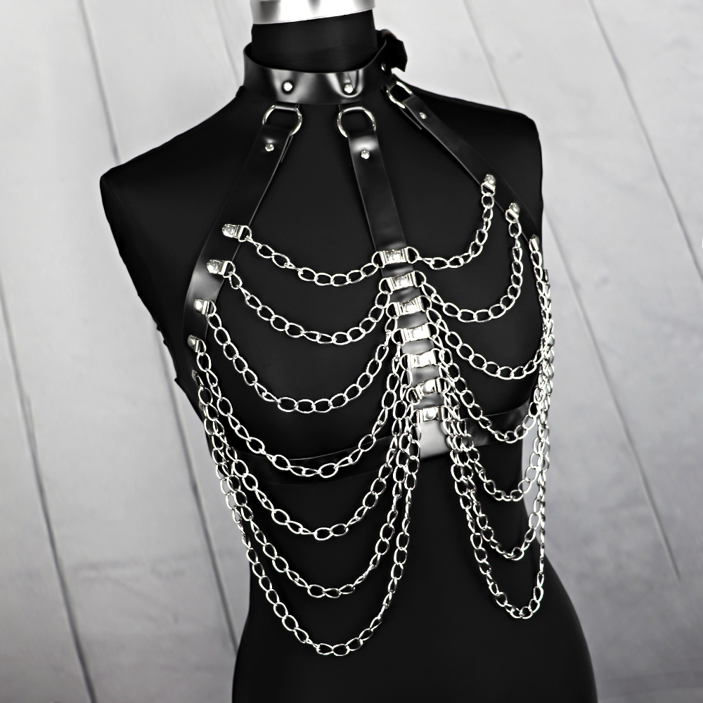 UYEE-Arnês Sexy para Mulheres, Cadeia Corporal Prateada, Lingerie Bondage de Couro PU, Cinto Punk Sword, Roupa Interior BDSM, Roupas Góticas Rave
