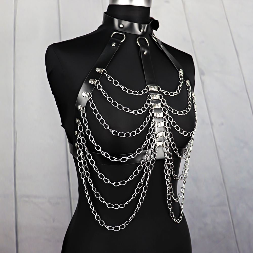 UYEE-Arnês Sexy para Mulheres, Cadeia Corporal Prateada, Lingerie Bondage de Couro PU, Cinto Punk Sword, Roupa Interior BDSM, Roupas Góticas Rave