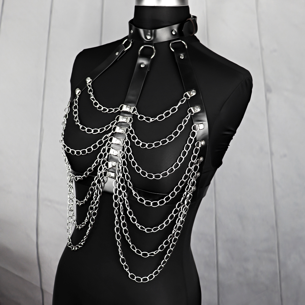 UYEE-Arnês Sexy para Mulheres, Cadeia Corporal Prateada, Lingerie Bondage de Couro PU, Cinto Punk Sword, Roupa Interior BDSM, Roupas Góticas Rave