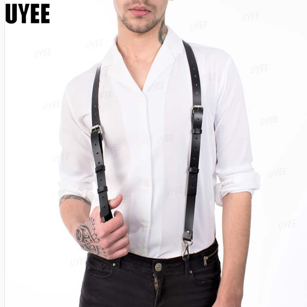 Uyee punk moda pu suspensórios de couro para homens camisa calças fivela cintos ajustáveis correias colete cintas arnês rave fetiche