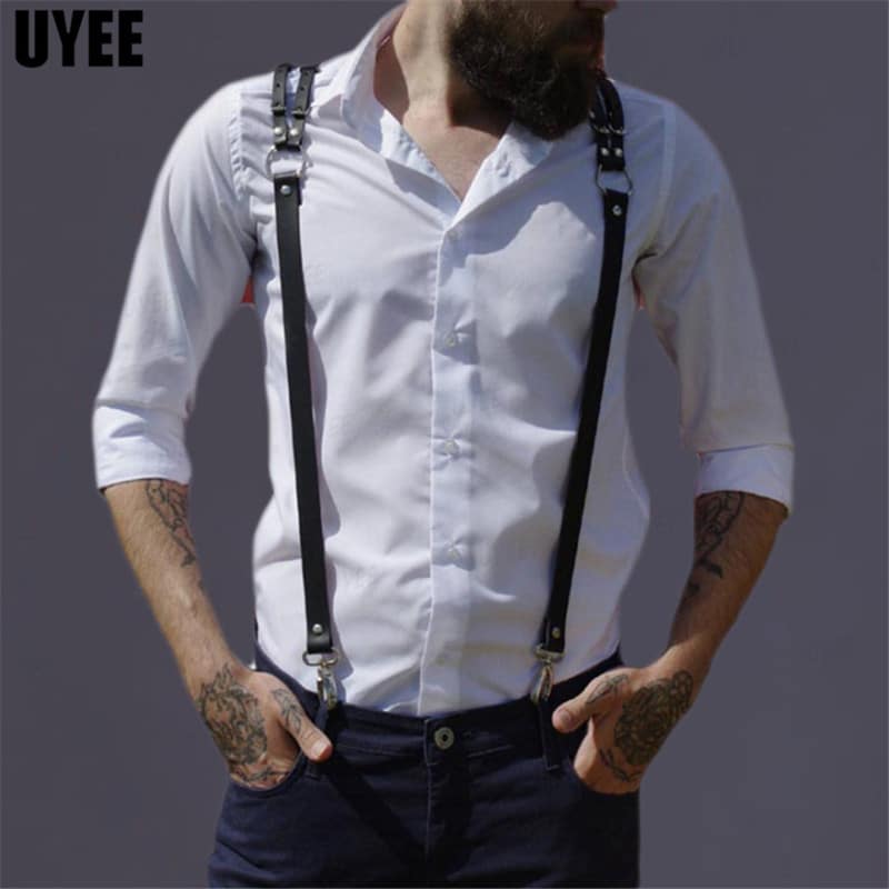 Uyee punk moda pu suspensórios de couro para homens camisa calças fivela cintos ajustáveis correias colete cintas arnês rave fetiche