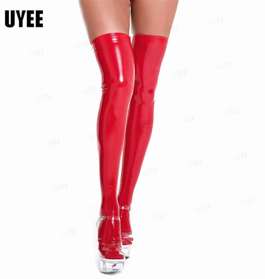 Uyee sexy óleo brilhante couro de patente meias para mulher m-3xl látex meias longas sexy pólo dança clube festa hosiery mais tamanho