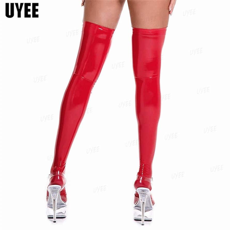 Uyee sexy óleo brilhante couro de patente meias para mulher m-3xl látex meias longas sexy pólo dança clube festa hosiery mais tamanho