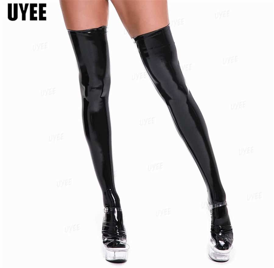 Uyee sexy óleo brilhante couro de patente meias para mulher m-3xl látex meias longas sexy pólo dança clube festa hosiery mais tamanho