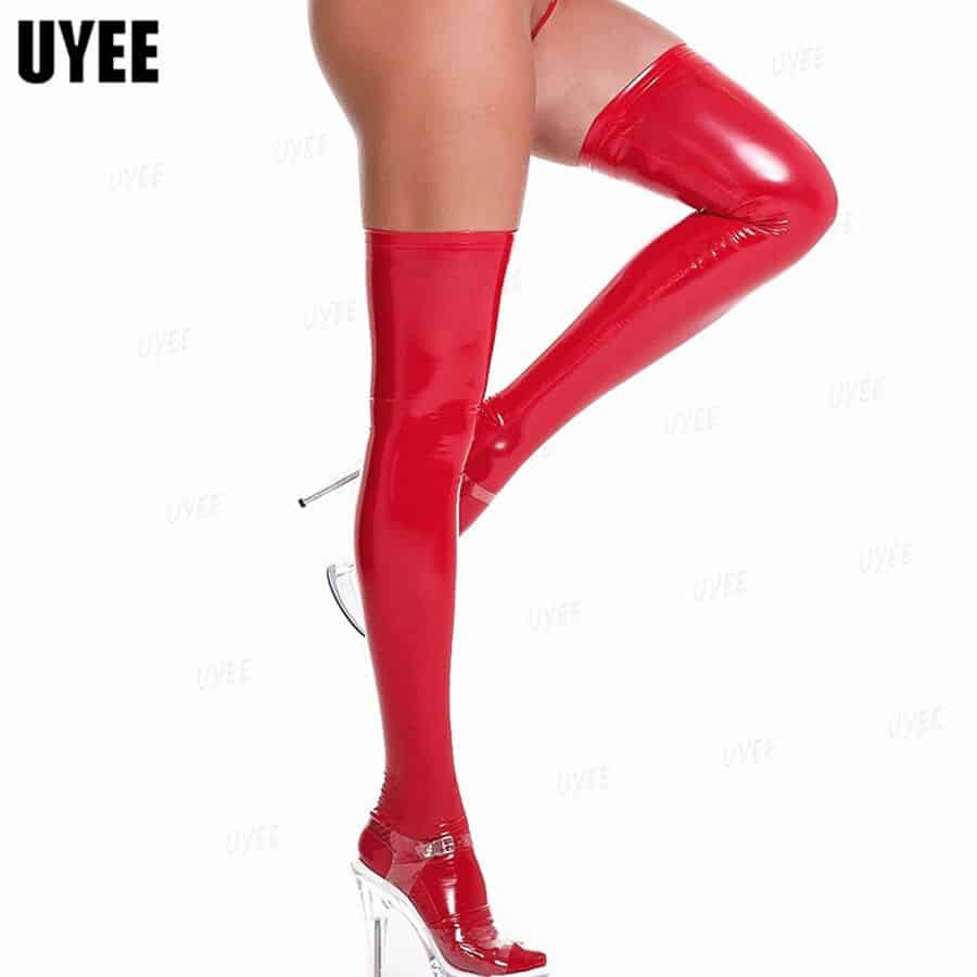 Uyee sexy óleo brilhante couro de patente meias para mulher m-3xl látex meias longas sexy pólo dança clube festa hosiery mais tamanho