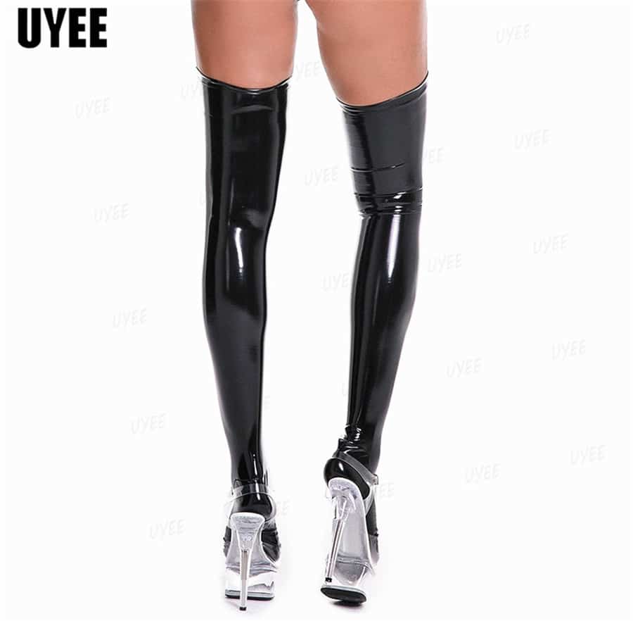 Uyee sexy óleo brilhante couro de patente meias para mulher m-3xl látex meias longas sexy pólo dança clube festa hosiery mais tamanho