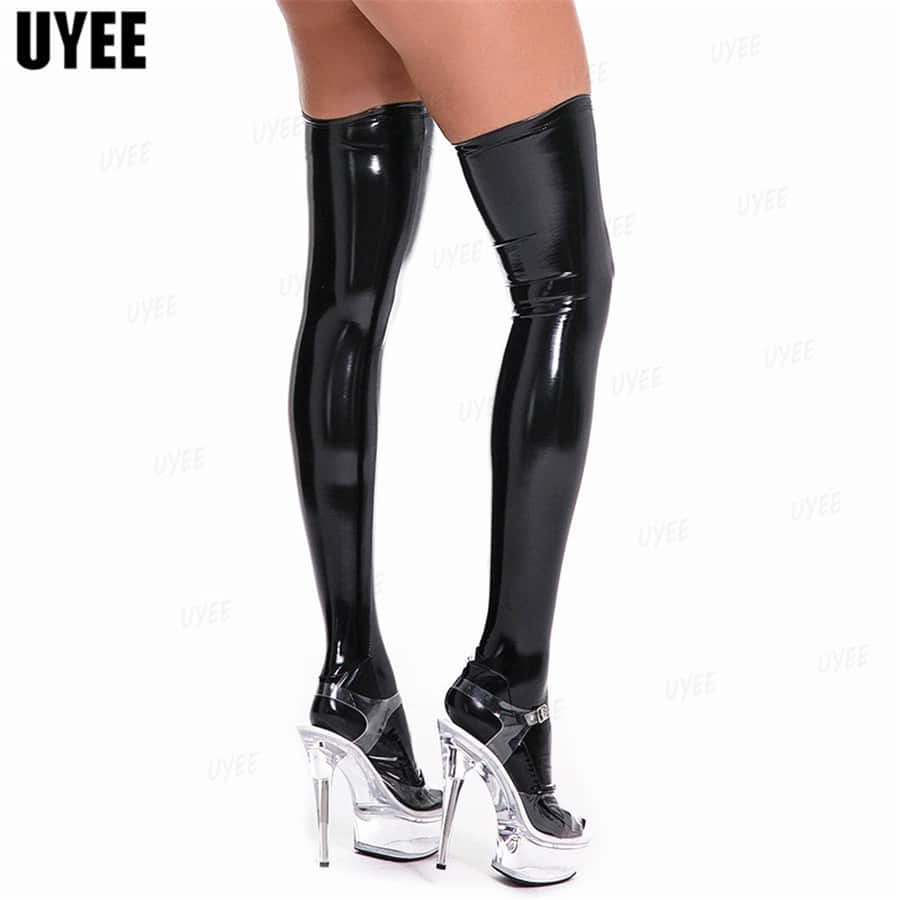 Uyee sexy óleo brilhante couro de patente meias para mulher m-3xl látex meias longas sexy pólo dança clube festa hosiery mais tamanho