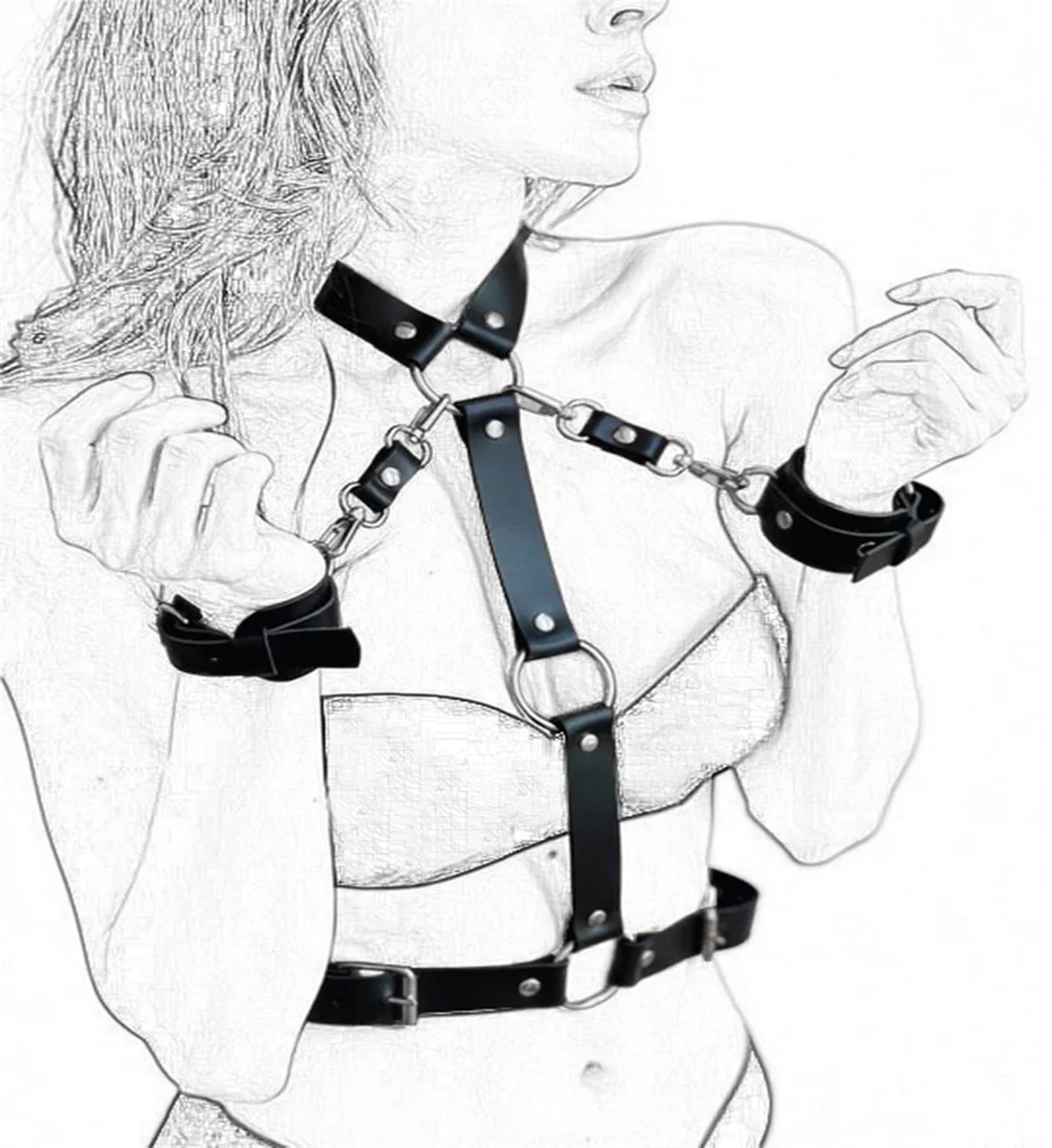 PU Leather Chest Harness Set para Mulheres, Anel Ligado Cintura e Algemas, Rebite Harness, Rave Outfit, Festival Gótico, 3pcs por conjunto