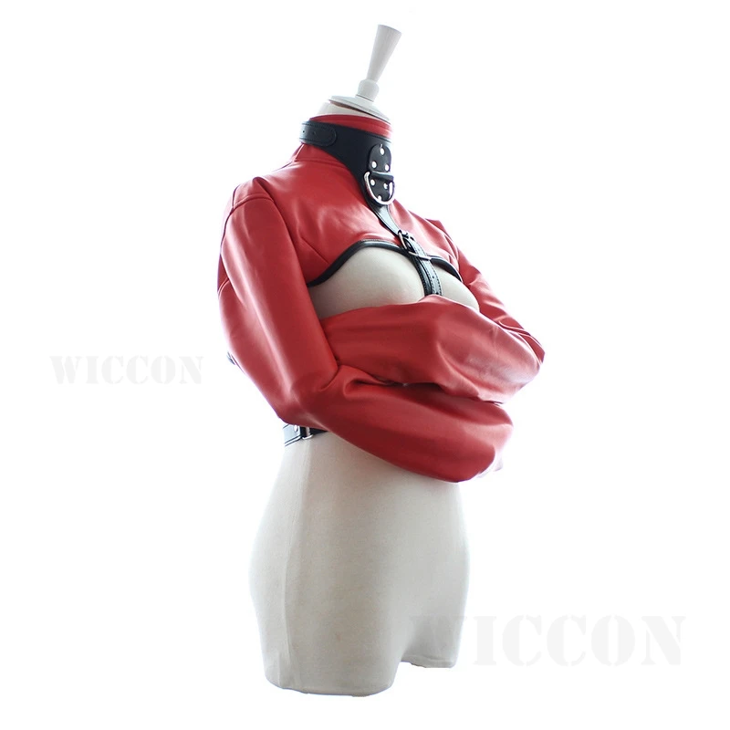 Women Black Red Sexy Open Breast Cupless Leather Bondage Strait Jacket Top Women's Restraint Straight Jacket Halloween Costume
