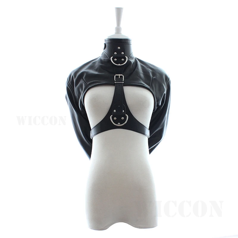 Women Black Red Sexy Open Breast Cupless Leather Bondage Strait Jacket Top Women's Restraint Straight Jacket Halloween Costume