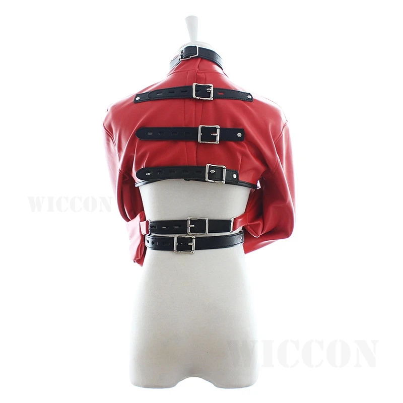Women Black Red Sexy Open Breast Cupless Leather Bondage Strait Jacket Top Women's Restraint Straight Jacket Halloween Costume