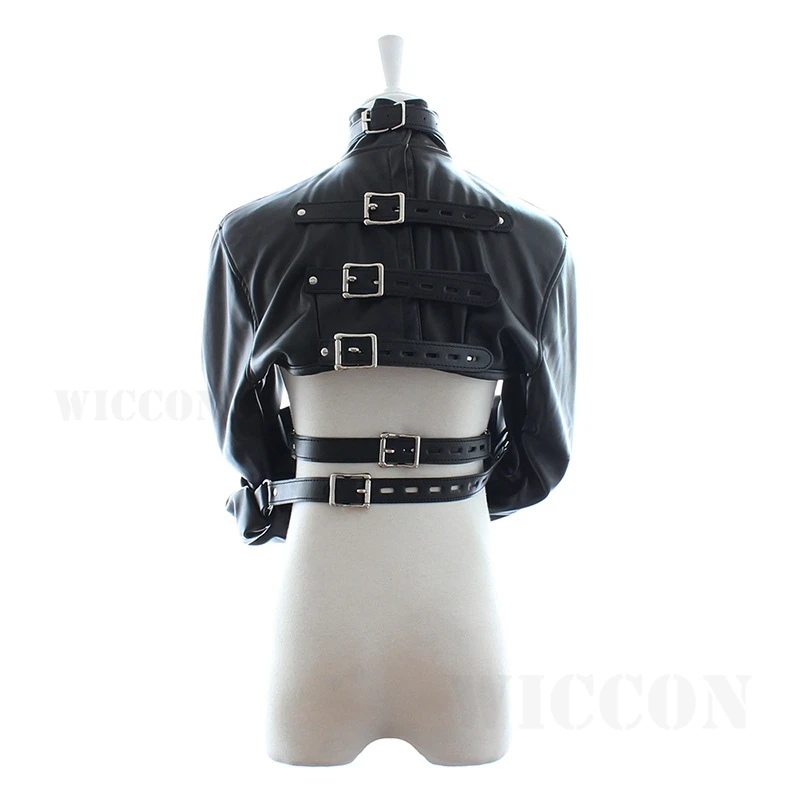 Women Black Red Sexy Open Breast Cupless Leather Bondage Strait Jacket Top Women's Restraint Straight Jacket Halloween Costume