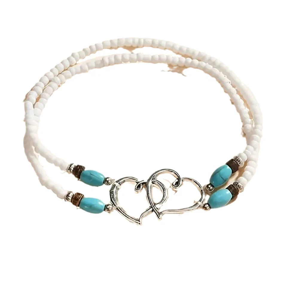 Vintage Layer Beaded Hollow Double Heart Anklet for Women Female Bohemia Resin Beads Chain Silver Color Beach Ankle Foot Jewelry