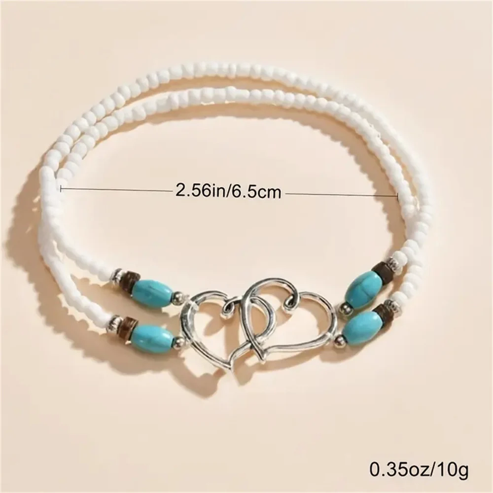 Vintage Layer Beaded Hollow Double Heart Anklet for Women Female Bohemia Resin Beads Chain Silver Color Beach Ankle Foot Jewelry