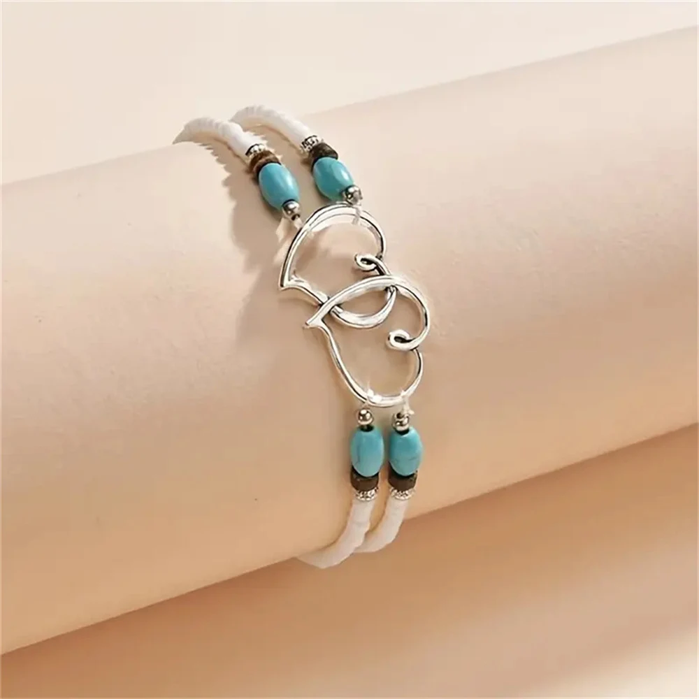 Vintage Layer Beaded Hollow Double Heart Anklet for Women Female Bohemia Resin Beads Chain Silver Color Beach Ankle Foot Jewelry