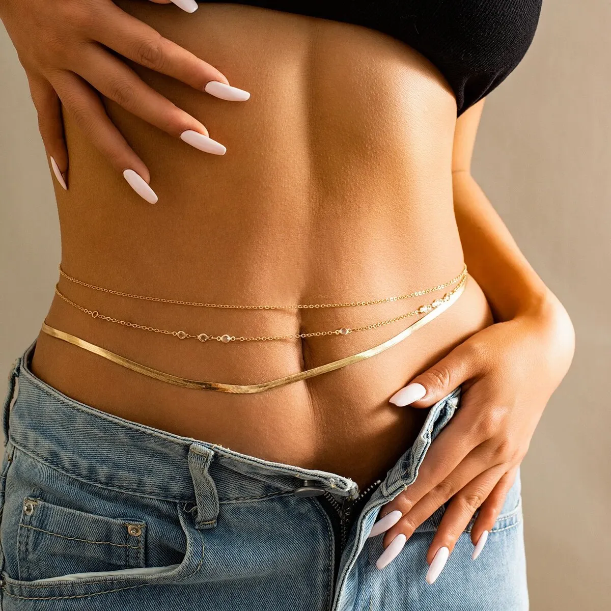 3Pcs Sexy Gold Color Flat Snake Chain Bellly Waist Chain for Women Boho Rhinestone Belt Body Jewelry Summer Bikini Accessories
